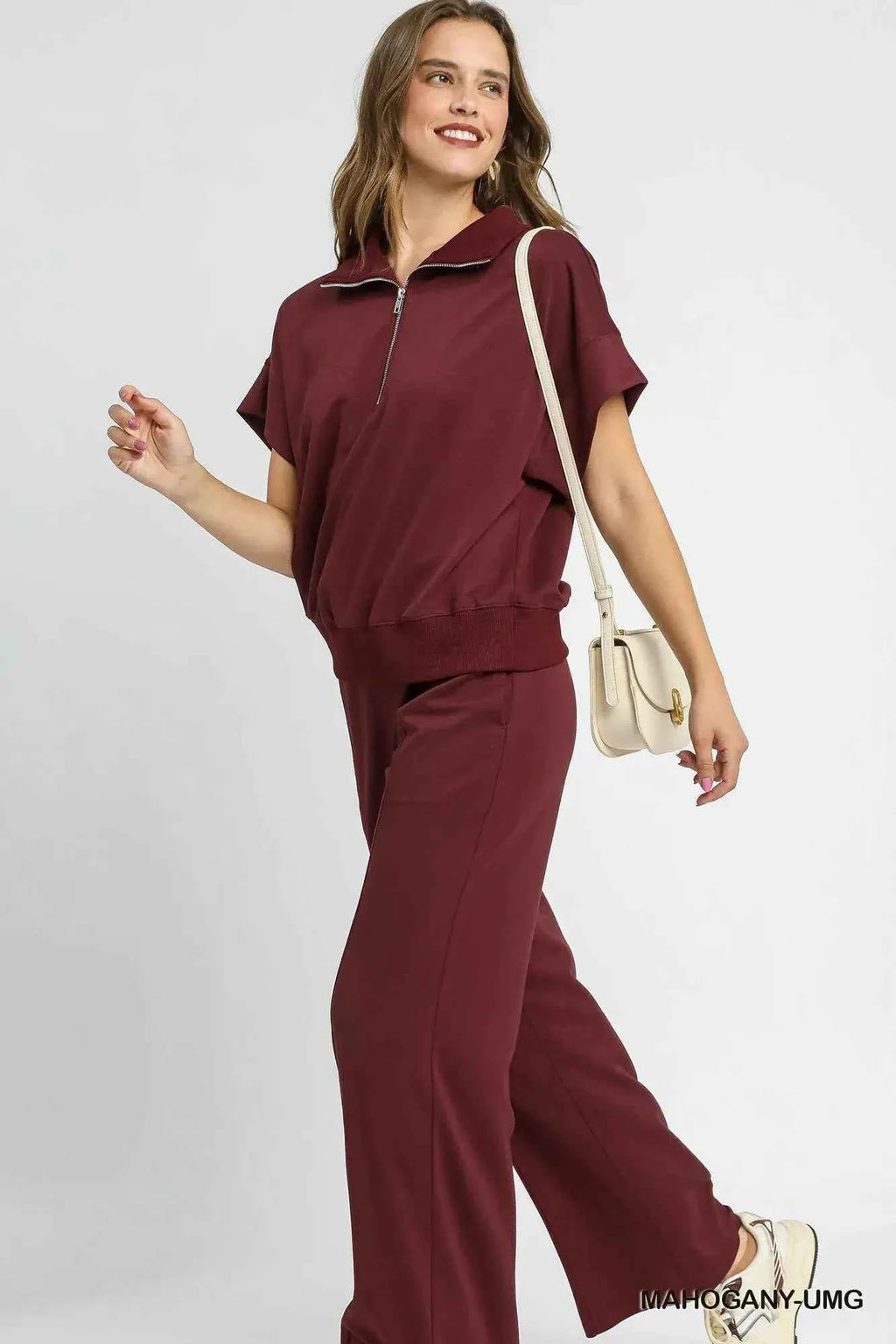 Umgee Plus Size Half-Zip Short Sleeve Top