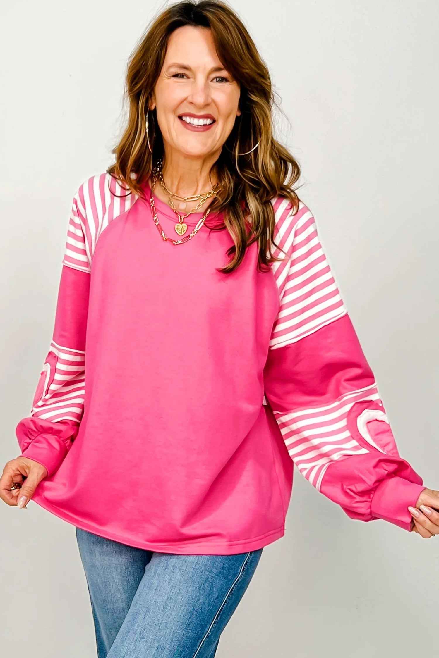 Strawberry Pink Heart Shape Striped Patchwork Long Sleeve Loose Top