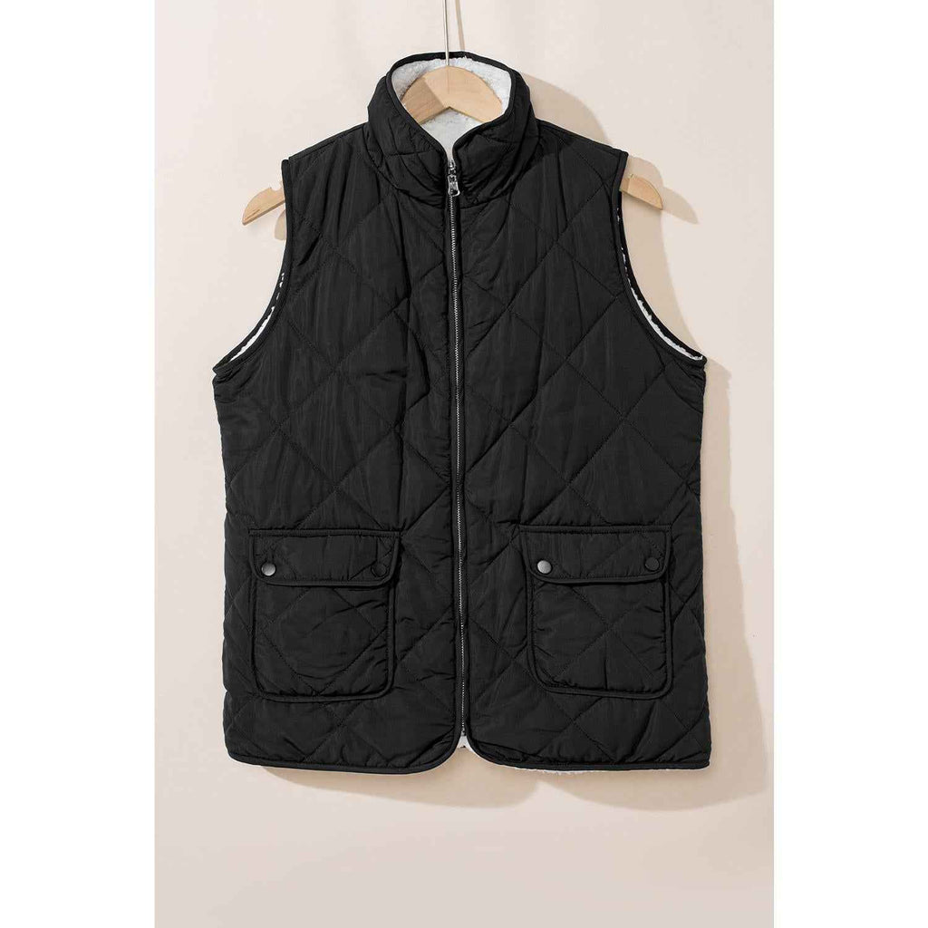Black Fleece Lined Quilted Zip up Vest Coat Womenswear Tops