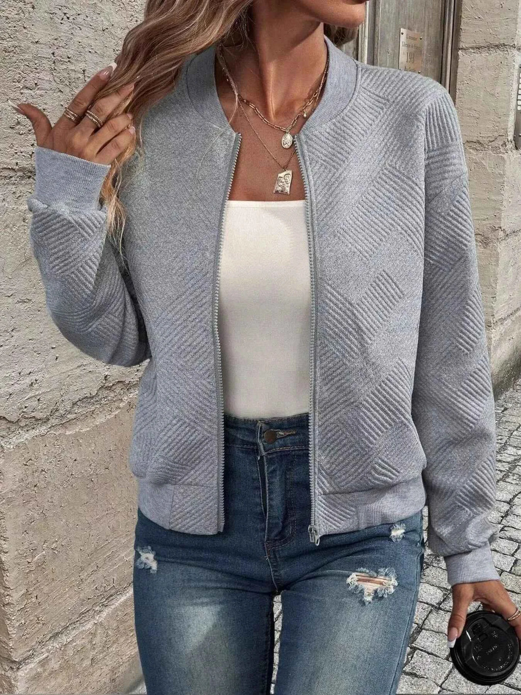 Texture Zip Up Bomber Jacket