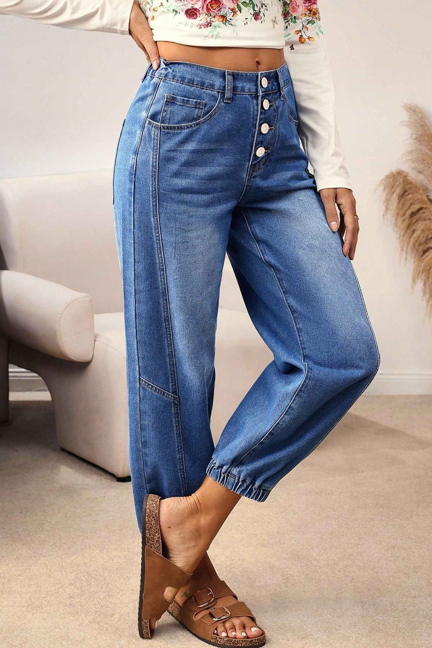 Blue 4 Buttons Front Tapered Casual Loose Fit Jeans