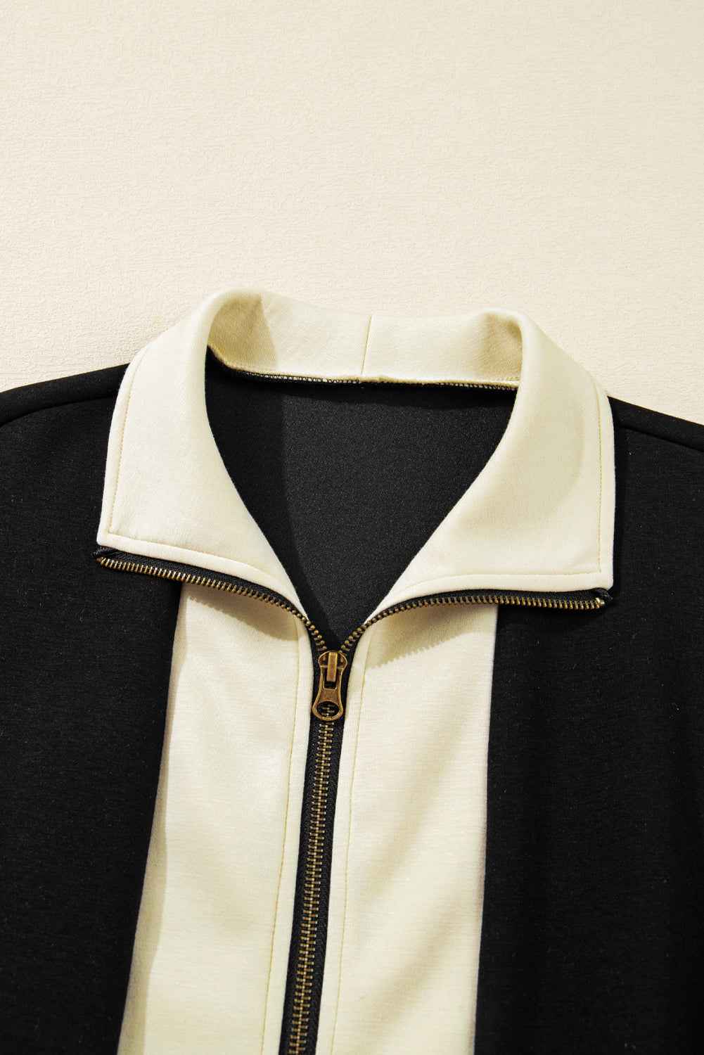 Black Two-Tone Zipper Long Sleeve Casual Romper