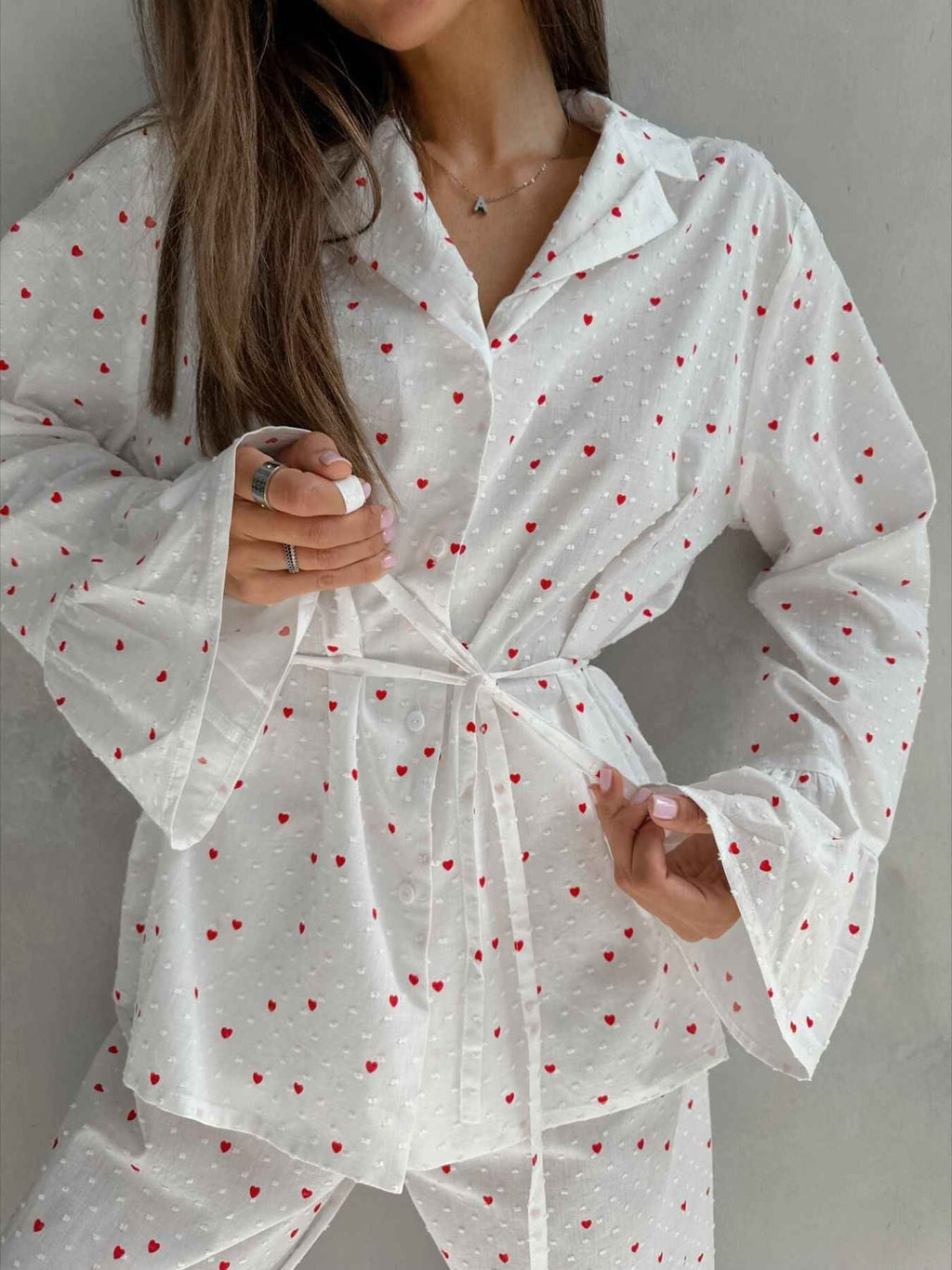 Heart Print Ruffle Trim Button-Up Cotton Lounge Set