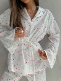 Heart Print Ruffle Trim Button-Up Cotton Lounge Set