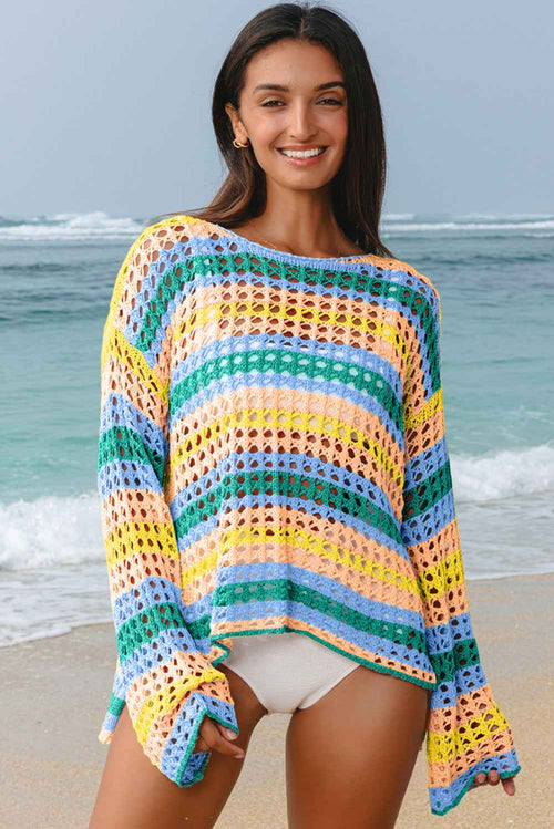 Beau Blue Multi Stripe Open Knit Sweater Beach Cover Up by Wild and Free Boutique