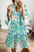 White Printed Tribal Bracelet Sleeve Buttoned Mini Dress by Dear-Lover Dropshipping