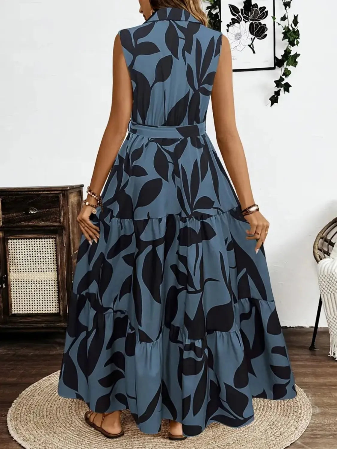 Printed Tie Waist Sleeveless Maxi Dress by Shopiebay
