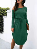One Shoulder Long Sleeve Midi Dress with Drawstring Waist