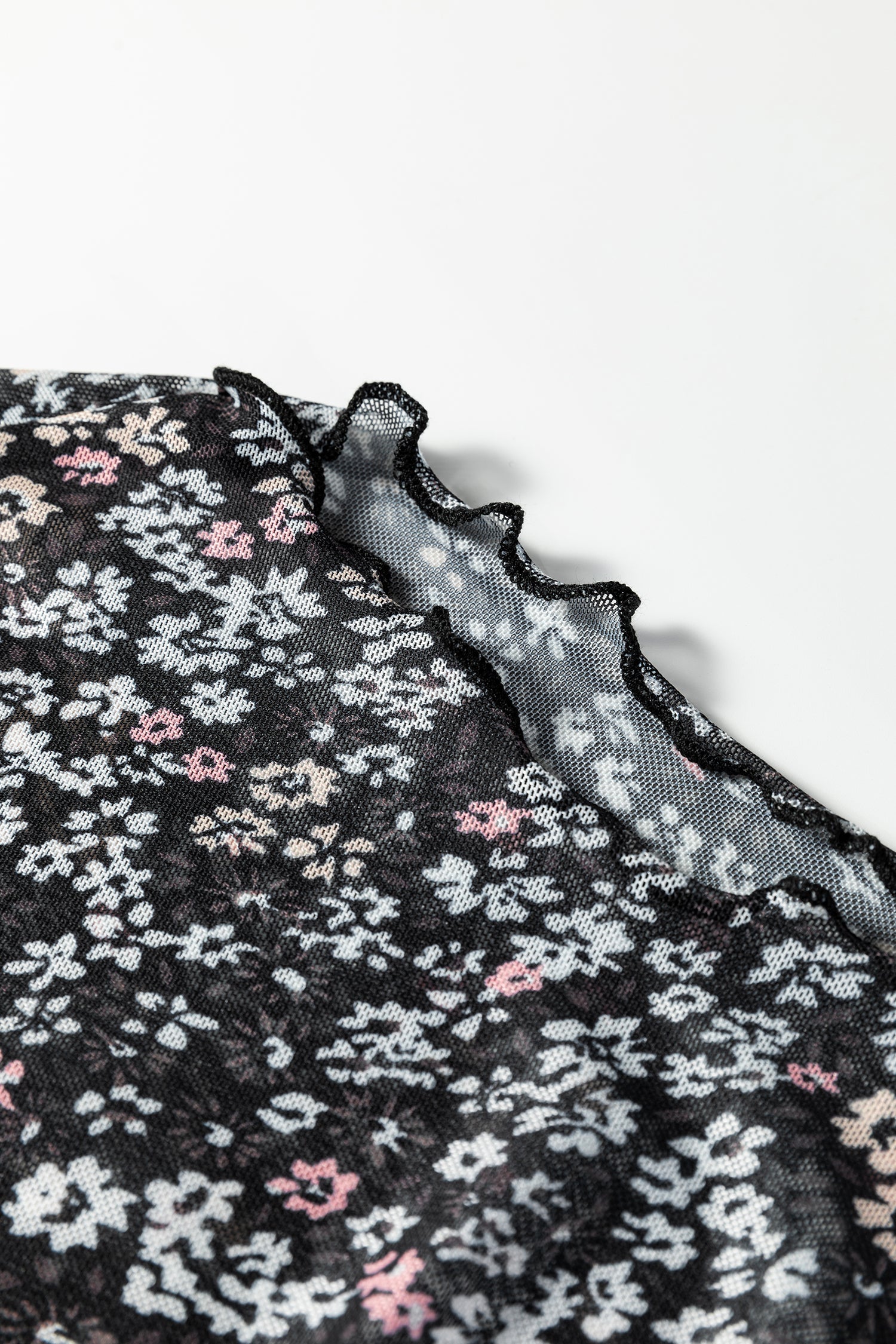 Black Ditsy Floral Mesh Thumbhole Sleeve Slim Fit Top