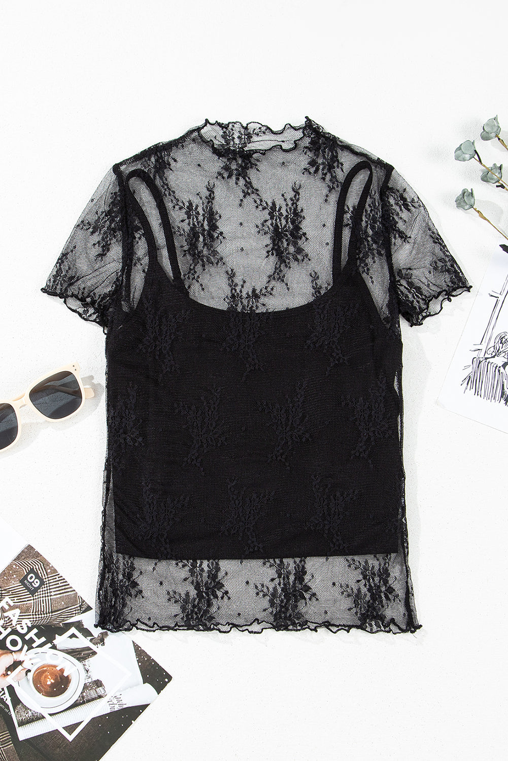 Black Floral Short Sleeve Sheer Mesh Blouse