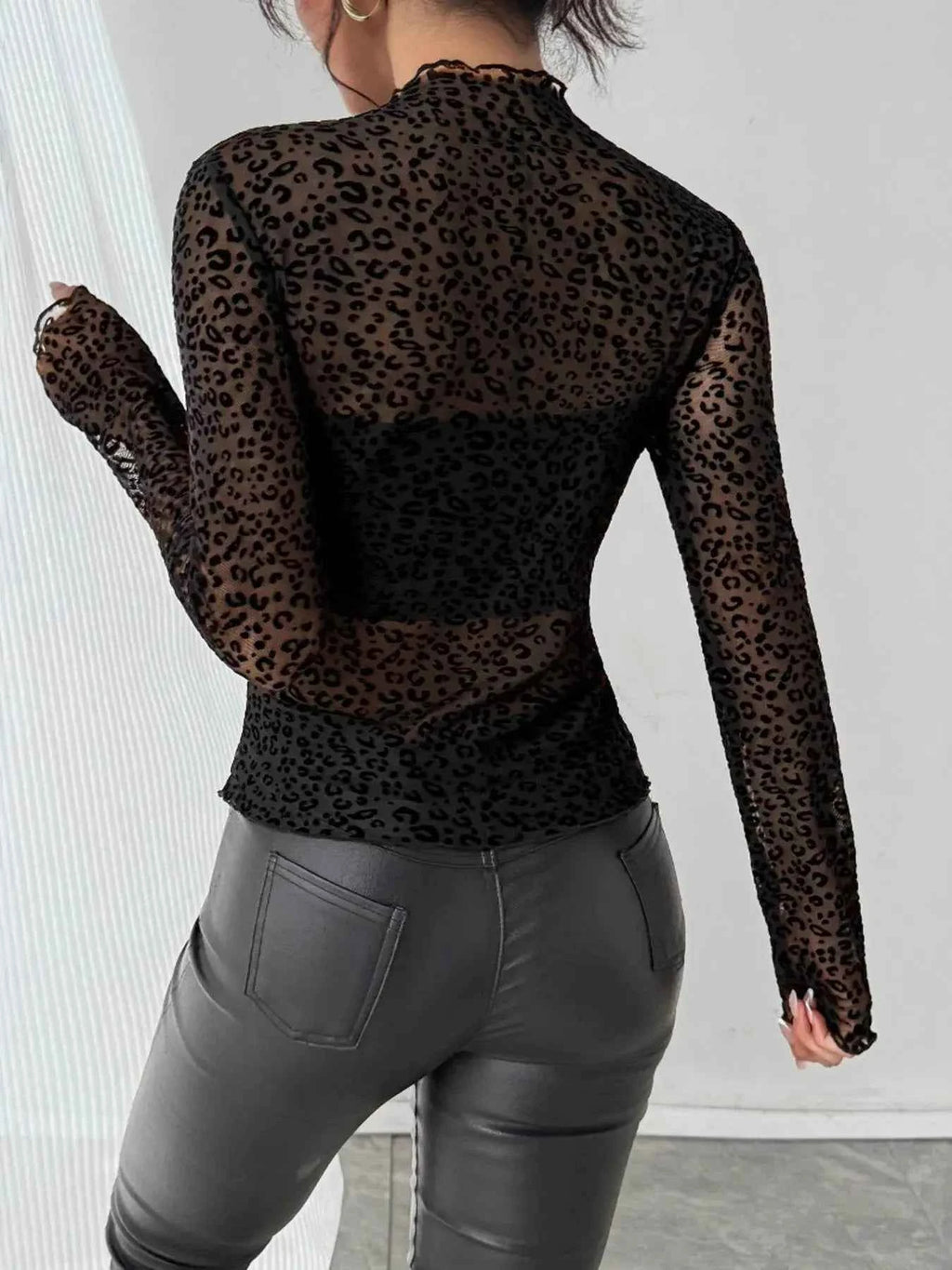 Leopard Print Mesh Long Sleeve T Shirt