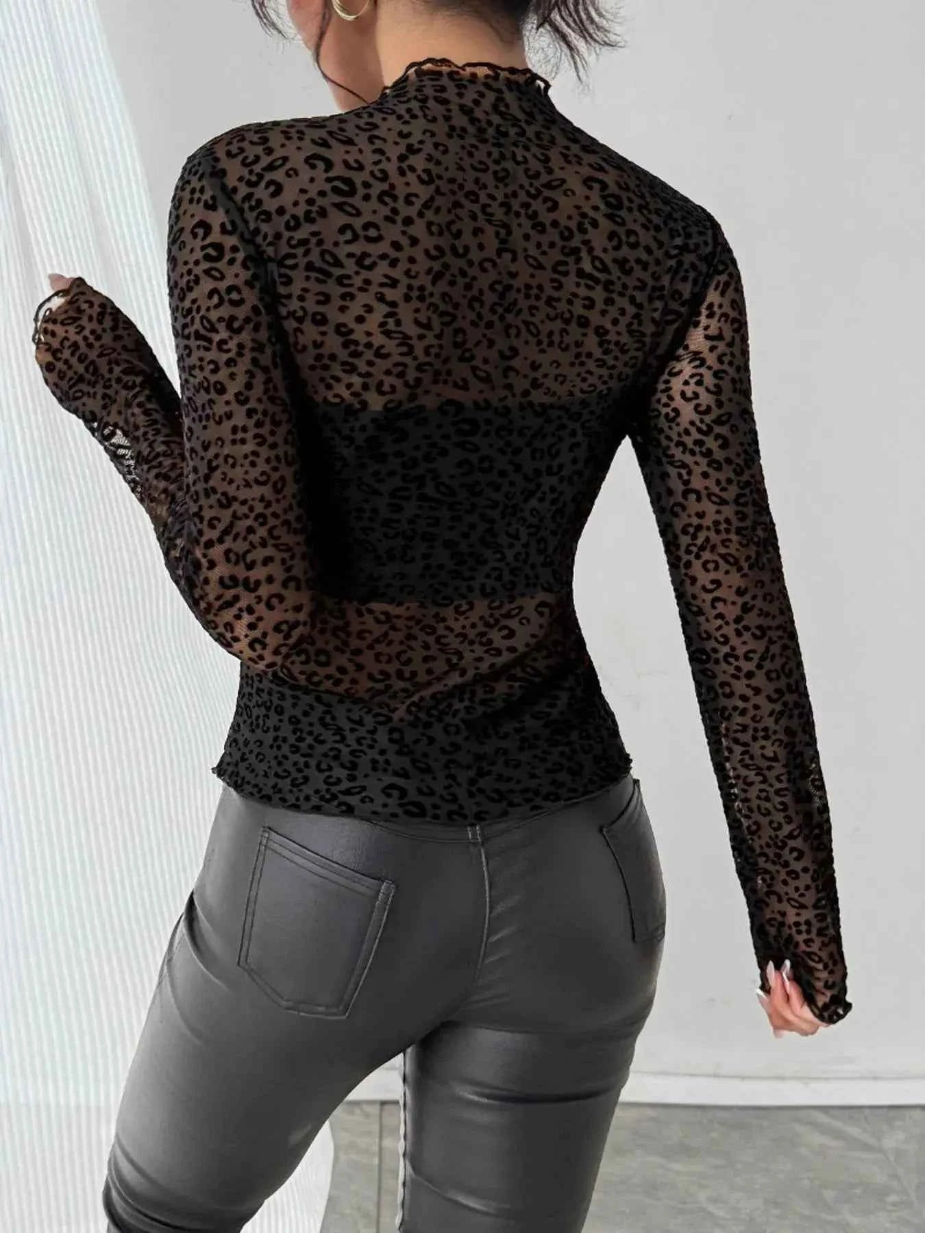 Leopard Print Mesh Long Sleeve T Shirt