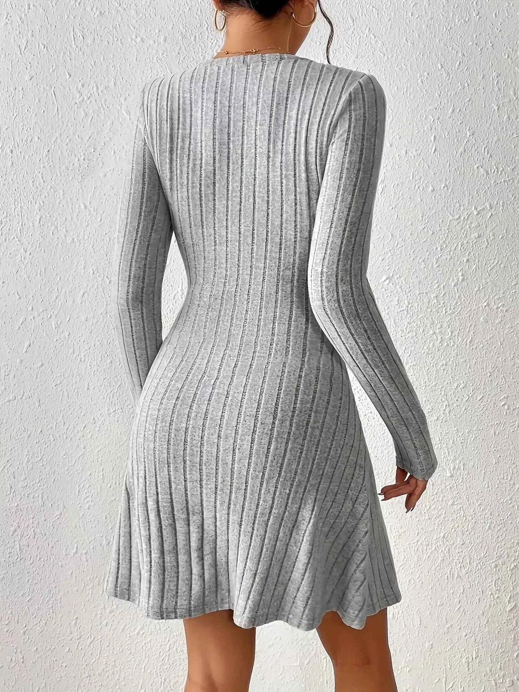 Ribbed Knit Tie Waist Long Sleeve Casual Dress