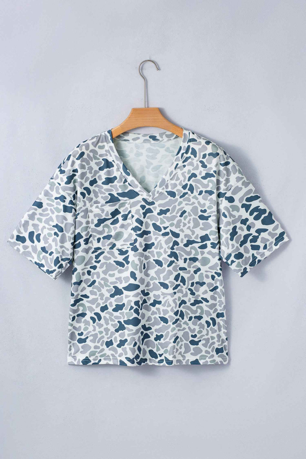 Gray Camouflage Print Single Chest Pocket V Neck Tee