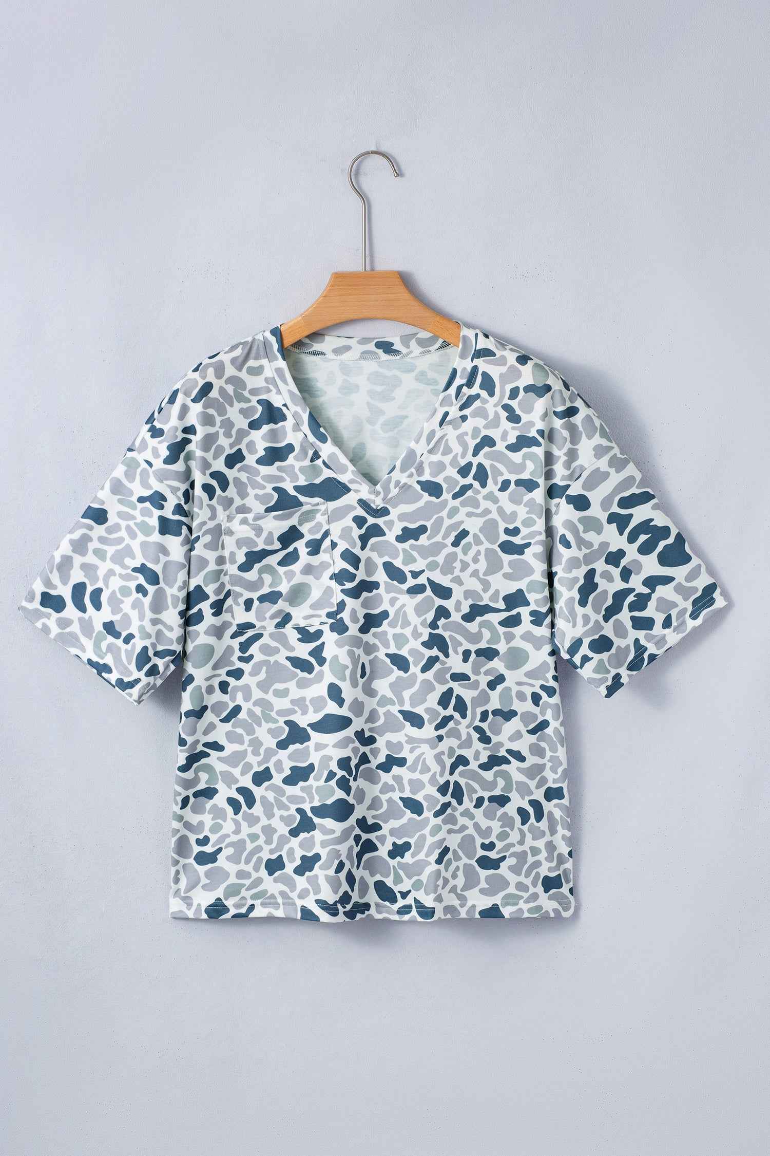 Gray Camouflage Print Single Chest Pocket V Neck Tee