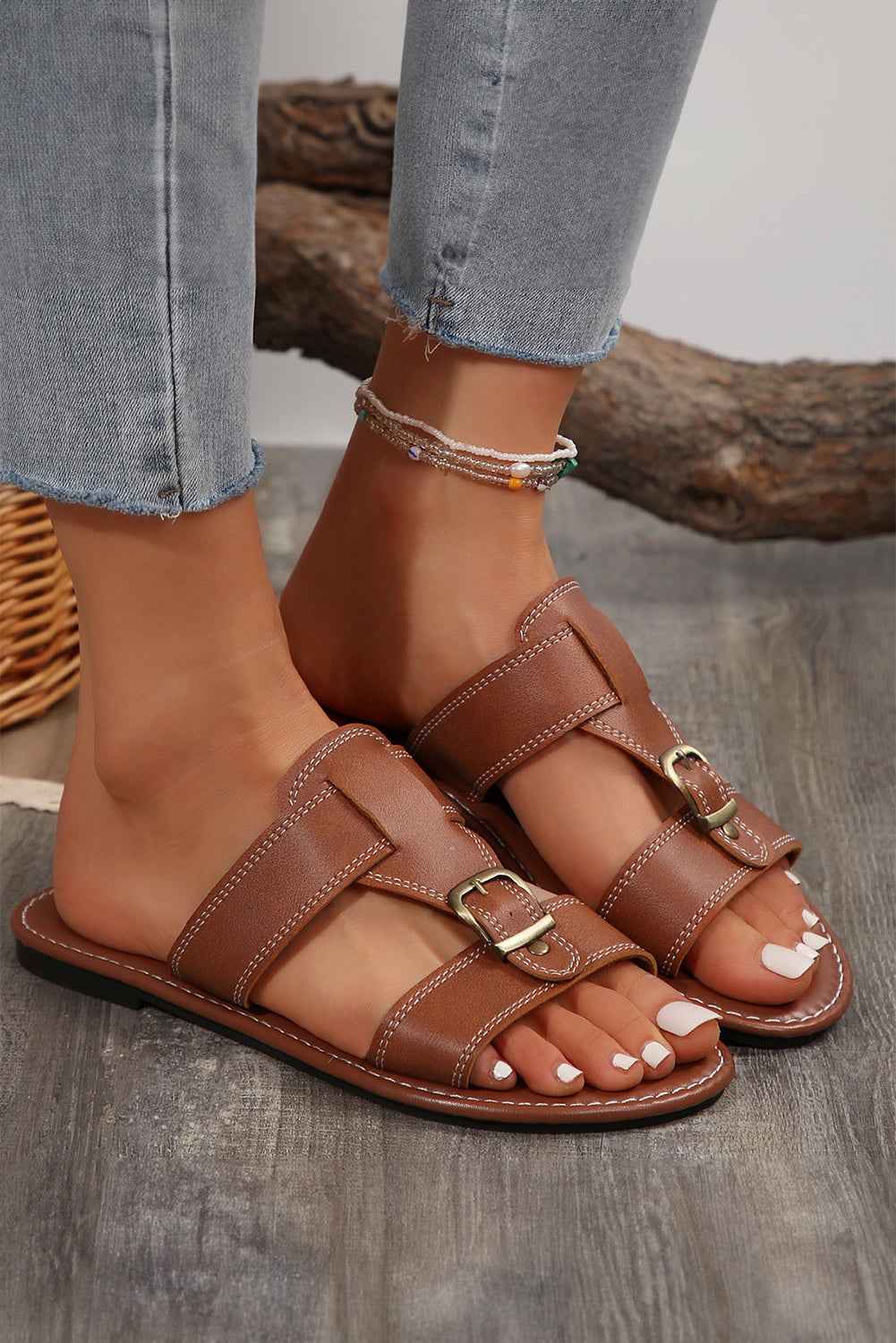 Coffee Vintage Banded Buckle Slippers