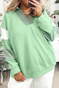 Moonlight Jade Colorblock Striped Patchwork Collar V Neck Plus Size Sweatshirt