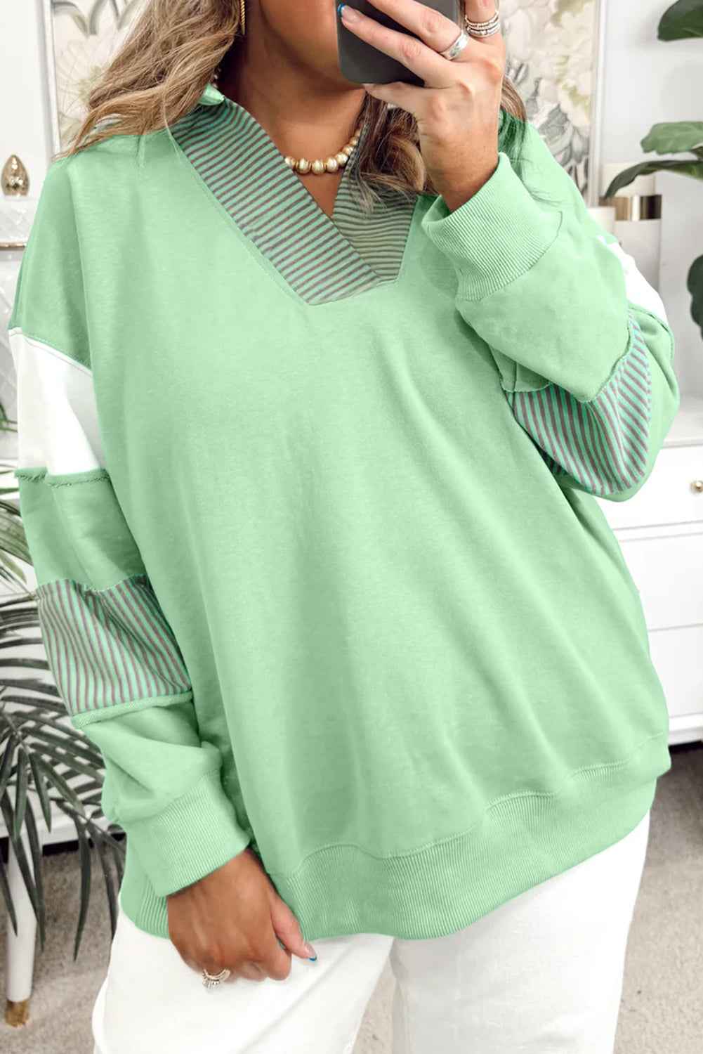 Moonlight Jade Colorblock Striped Patchwork Collar V Neck Plus Size Sweatshirt