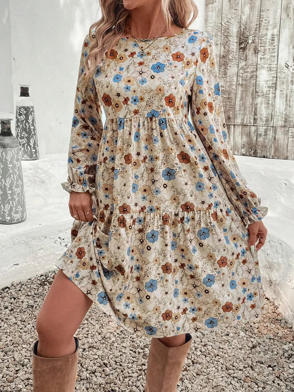 Tiered Floral Round Neck Long Sleeve Dress by Shopiebay
