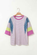 Purple Stripe Floral Color Block Raw Edge Patchwork Bracelet Sleeve Blouse