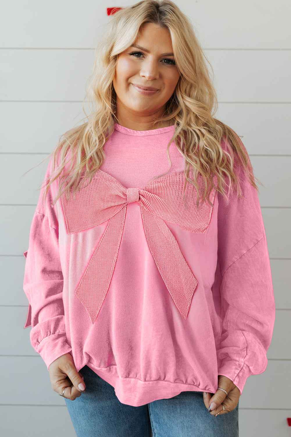 Bonbon Waffle Bowknot Patchwork Mineral Wash Plus Size Top