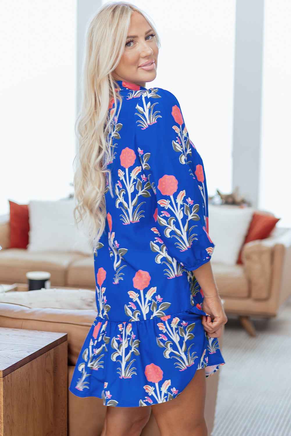 Blue Floral Print Button Detail 3/4 Puff Sleeve Ruffle Hem Dress