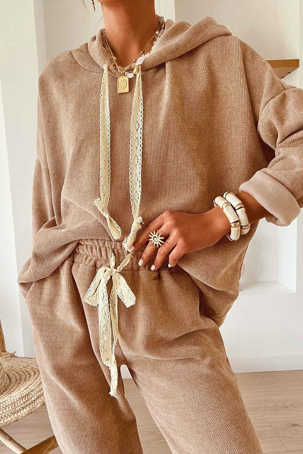 Smoke Gray Drawstring Pullover Hoodie and High Waist Pants Corduroy Suit