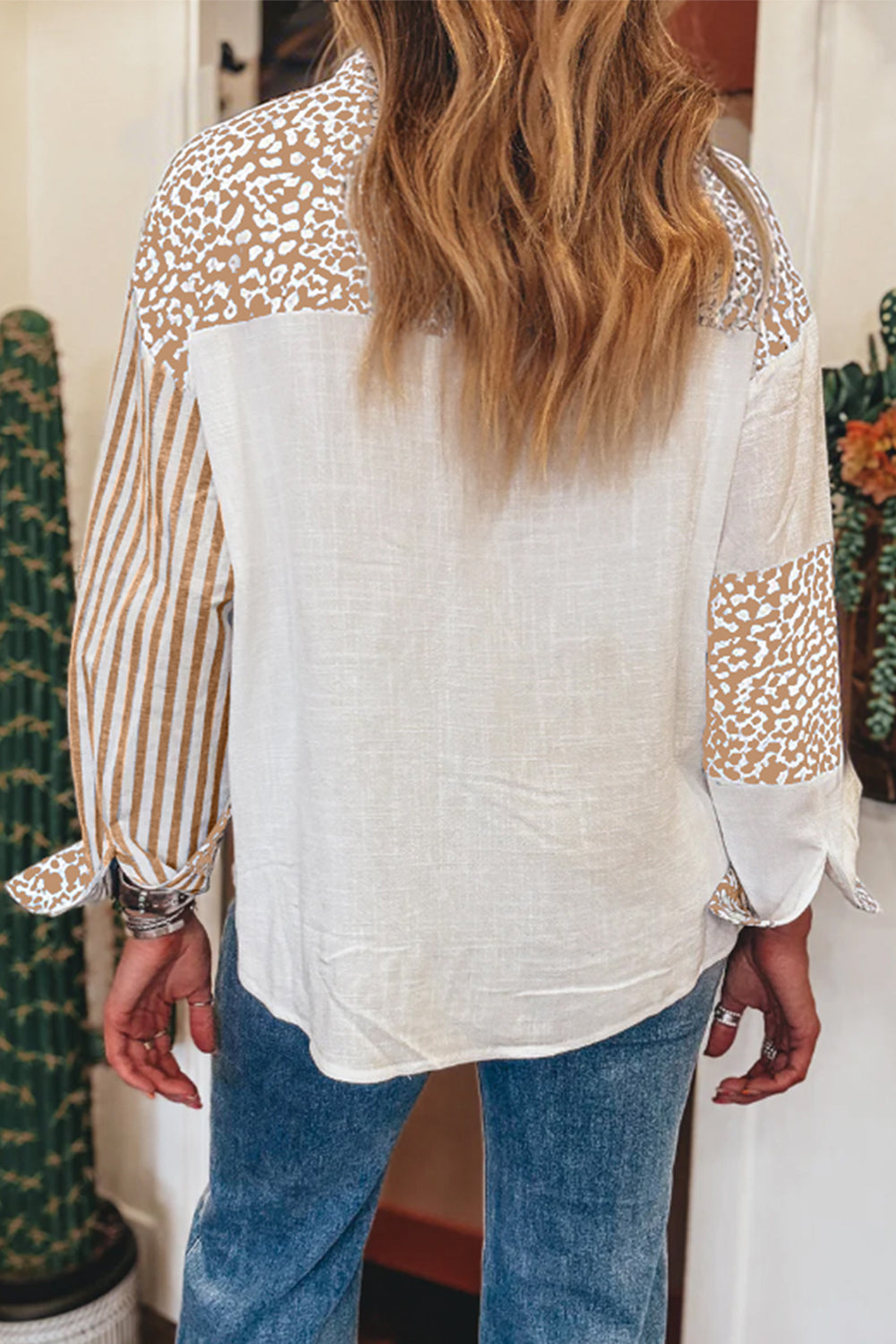 Pink Leopard Striped Patchwork Button-up Shirt