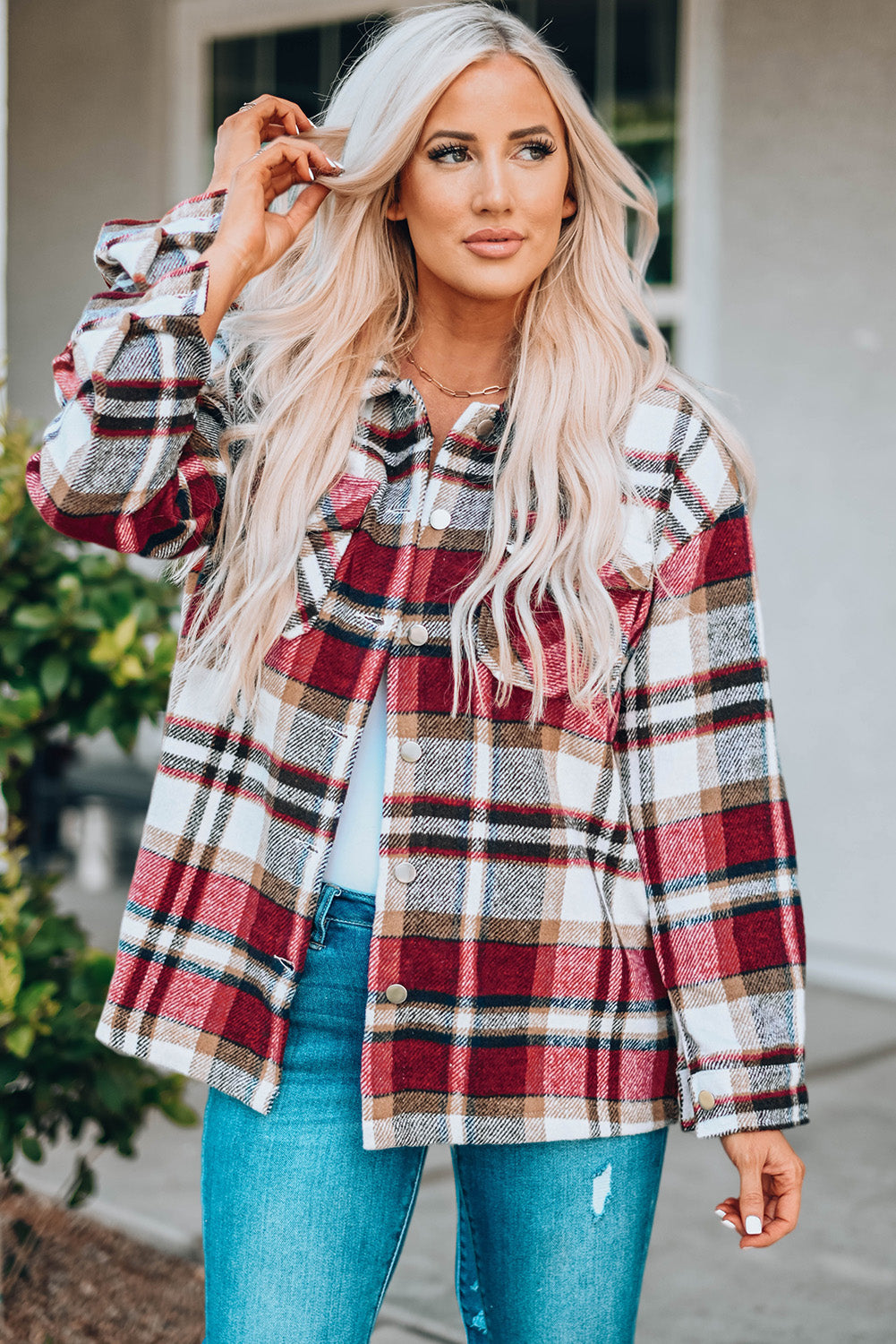 Green Geometric Plaid Print Pocketed Shacket