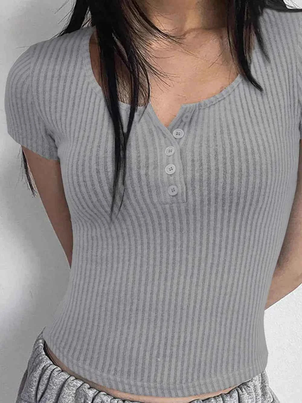 Ribbed Button Detail Round Neck Short Sleeve T Shirt