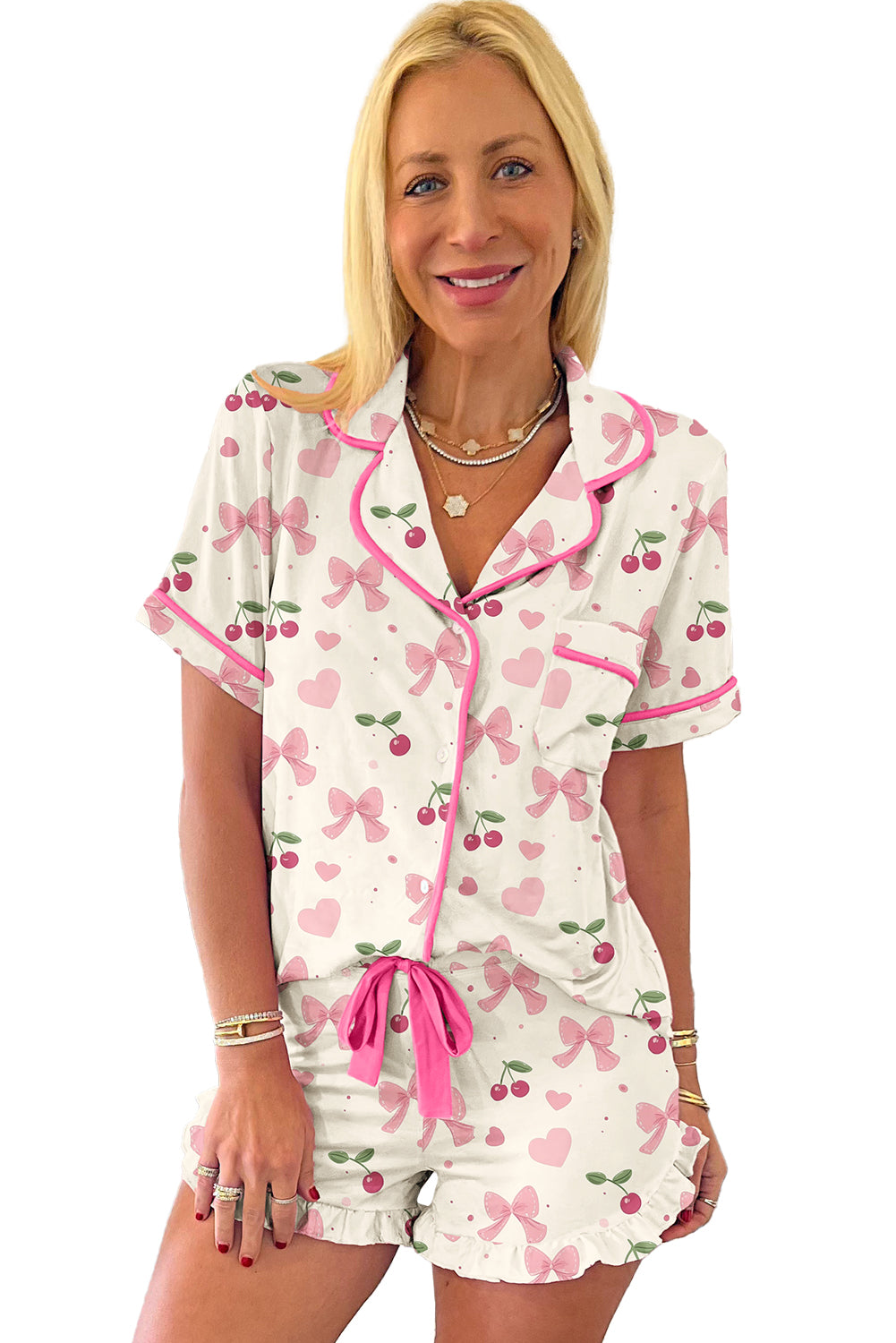 Pink Polka Dot and Bow Print Ruffle Hem Shorts Pajama Set