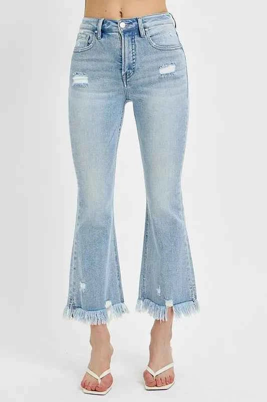 RISEN Full Size Raw Hem Distressed Cropped Flare Jeans Plus Size