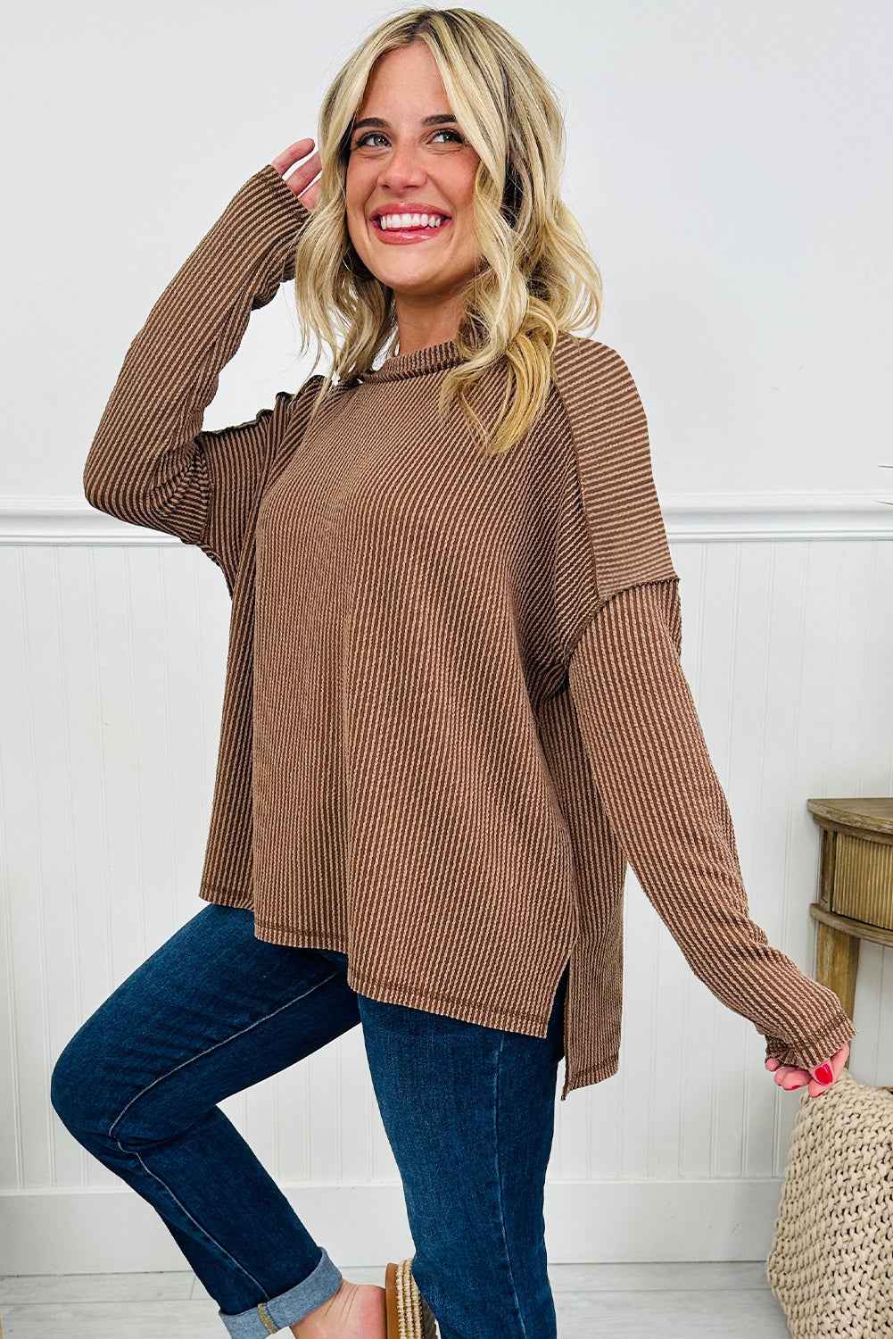 Dark Khaki Twist Ribbed Exposed Seam Detail Long Sleeve Loose Top