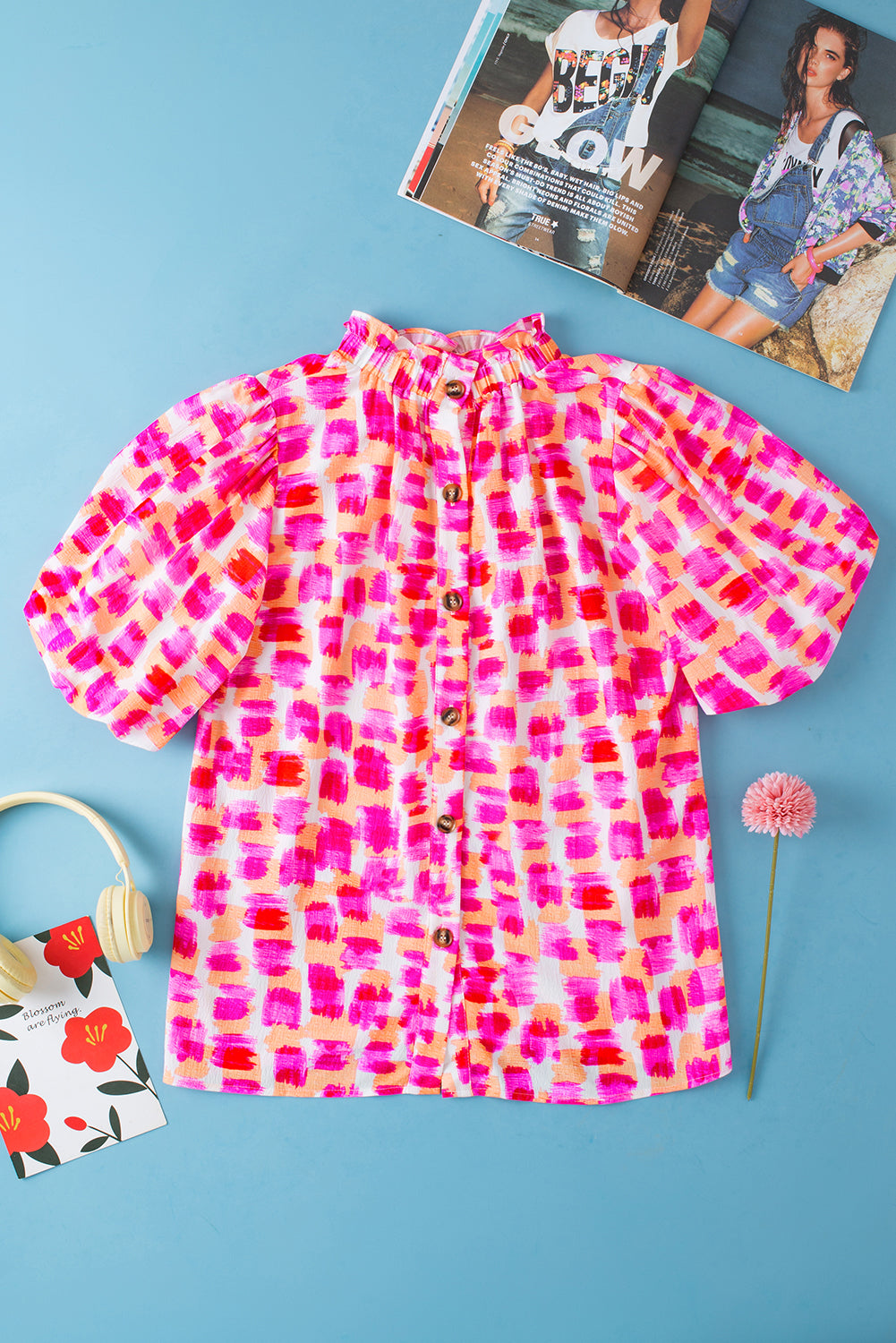 Pink Abstract Print Button Back Frill Neck Blouse