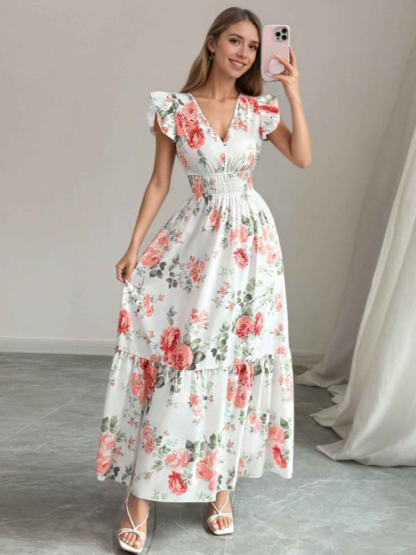Floral Print Ruffle Sleeve Tiered Maxi Dress