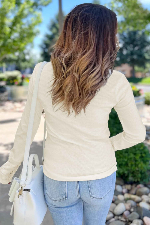 Beige Thermal Knit Lace Ruched Patchwork Long Sleeve V Neck Top by Wild and Free Boutique