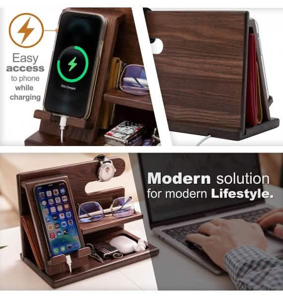 TESLYAR Wood Phone Docking Station Ash Key Holder Wallet Stand by DailySale