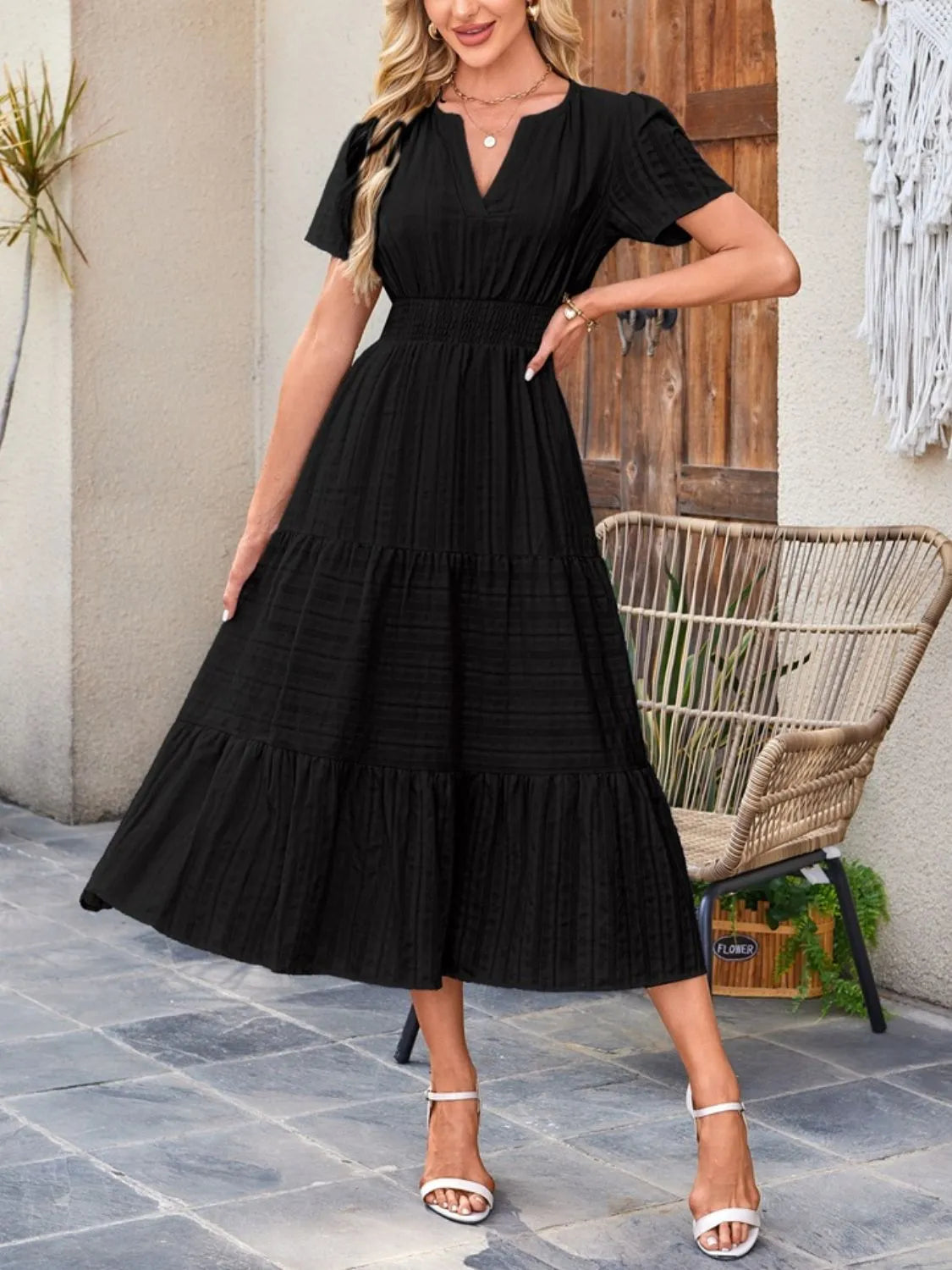 Tiered Notched Short Sleeve Dress by Shopiebay