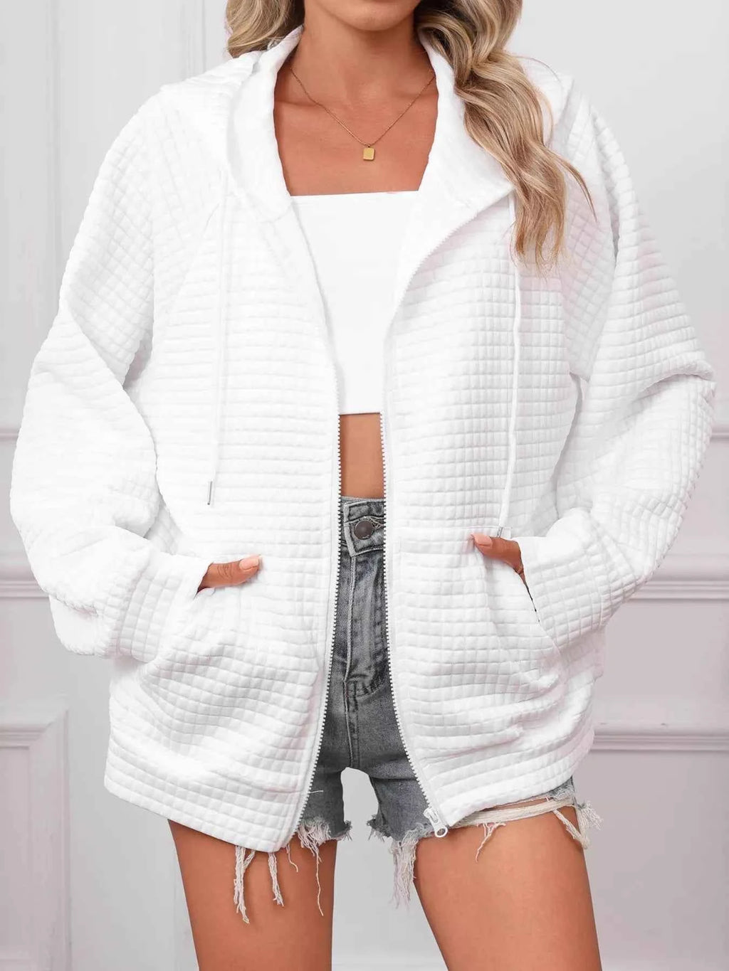 Full Size Textured Quilted Zip-Up Hooded Jacket Plus Size