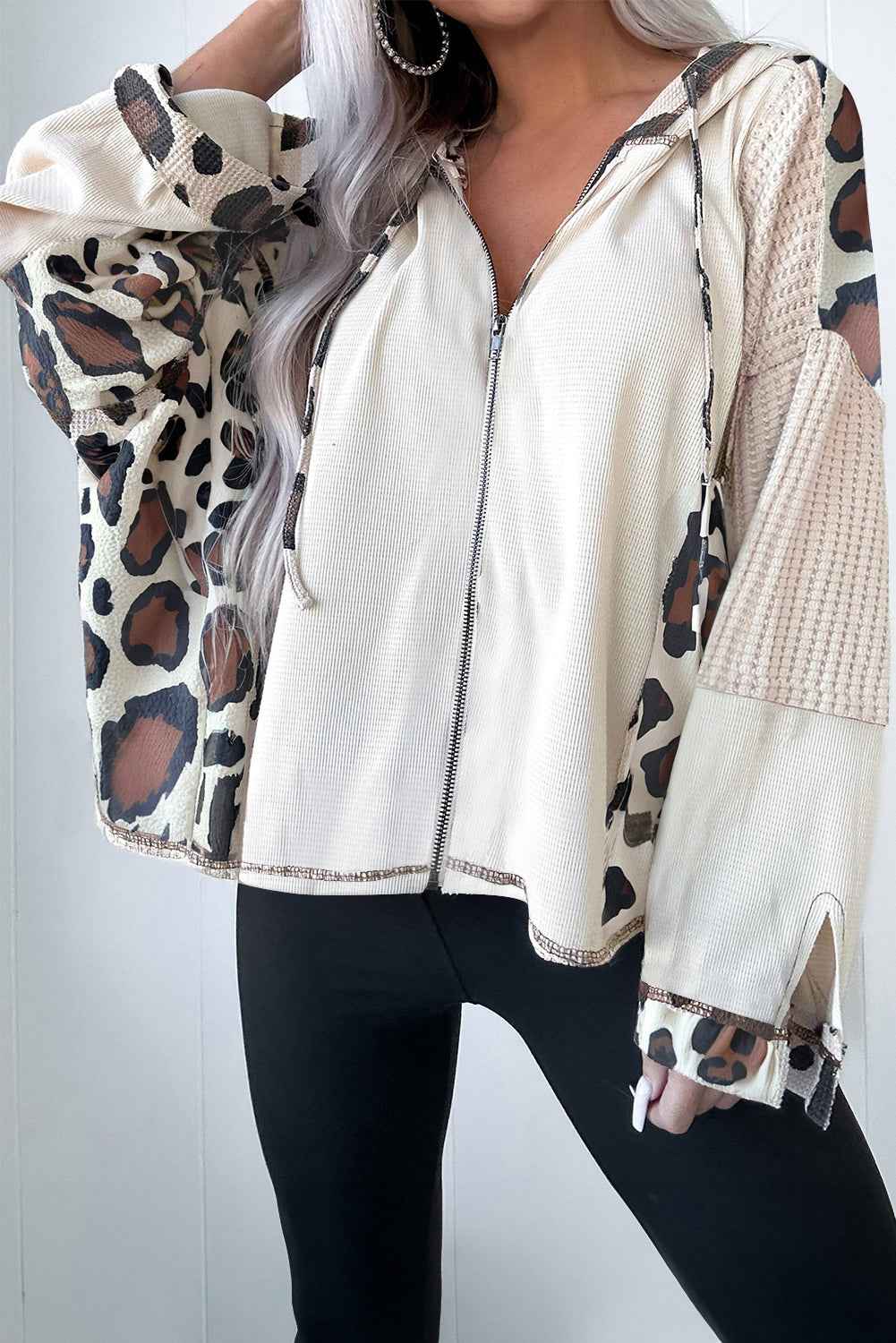 Apricot Leopard Mixed Texture Patchwork Zip Up Drop Shoulder Hoodie