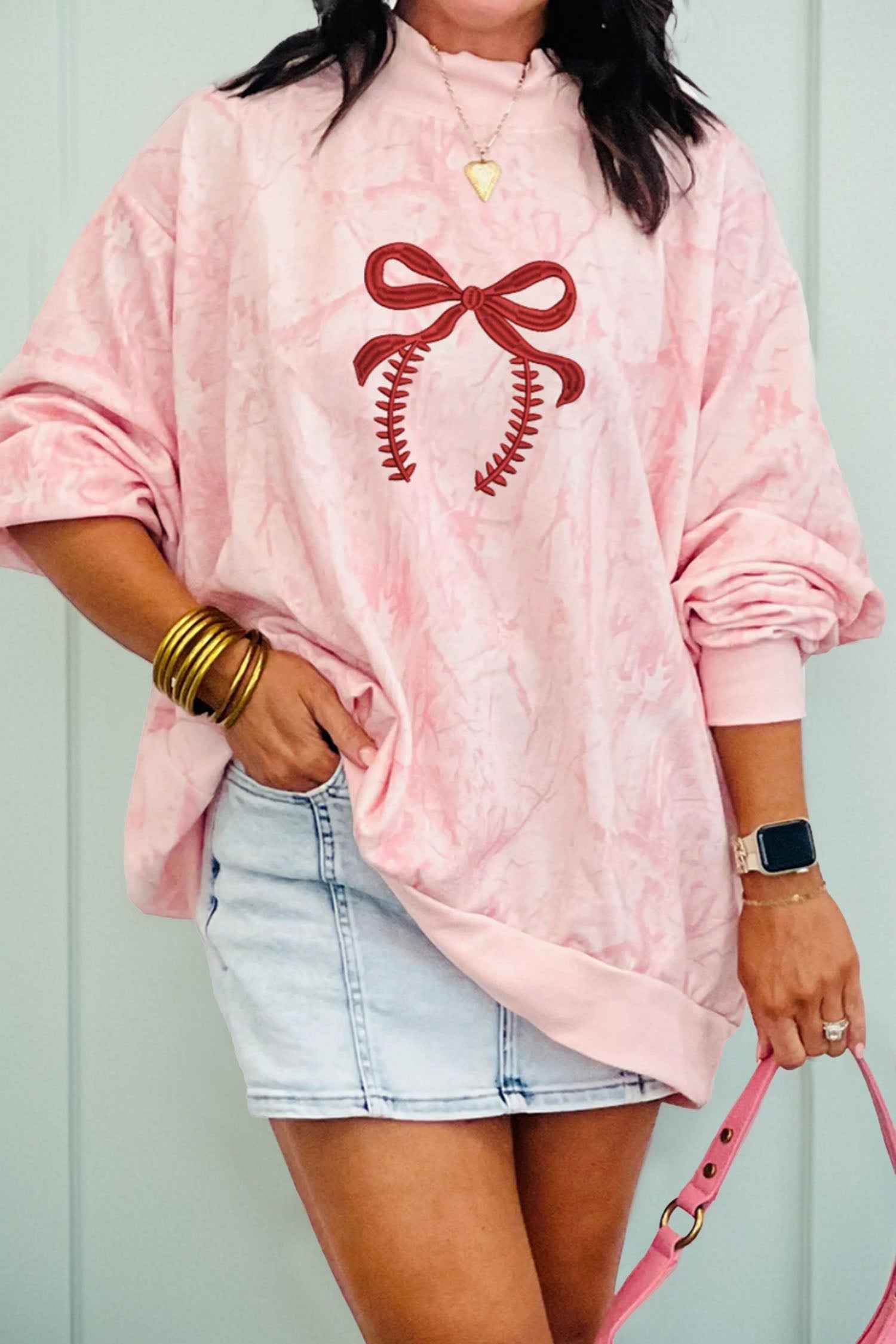 Pink Tie Dye Camo Embroidered Bow Game Day Mock Neck Sweatshirt