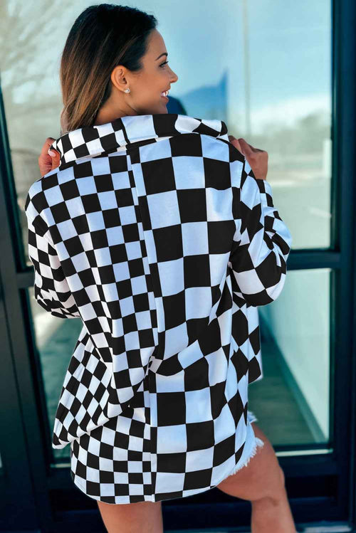 Black Checkerboard Flap Pocket Button Front Shacket by Wild and Free Boutique