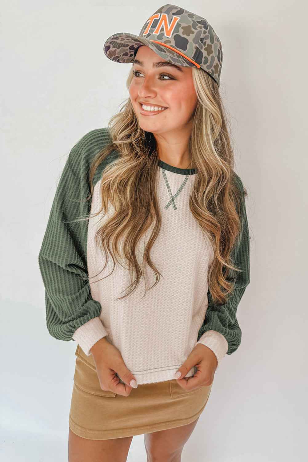 Camel Waffle Color Block Raglan Sleeve Top