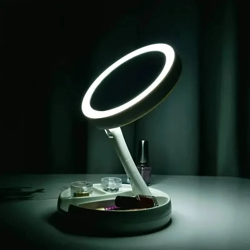 Foldable LED Vanity Mirror With Storage Box, Double-sided 1X & 10X Magnifying Retractable Mirror by DailySale