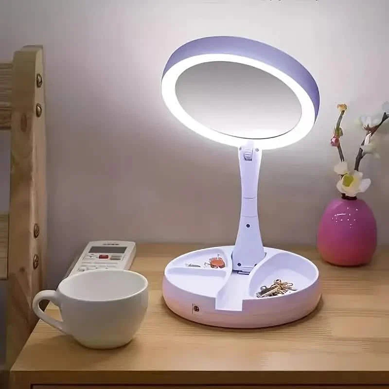 Foldable LED Vanity Mirror With Storage Box, Double-sided 1X & 10X Magnifying Retractable Mirror by DailySale