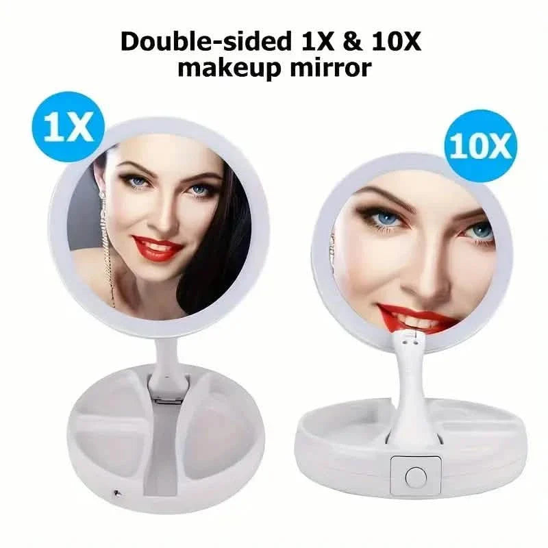Foldable LED Vanity Mirror With Storage Box, Double-sided 1X & 10X Magnifying Retractable Mirror by DailySale