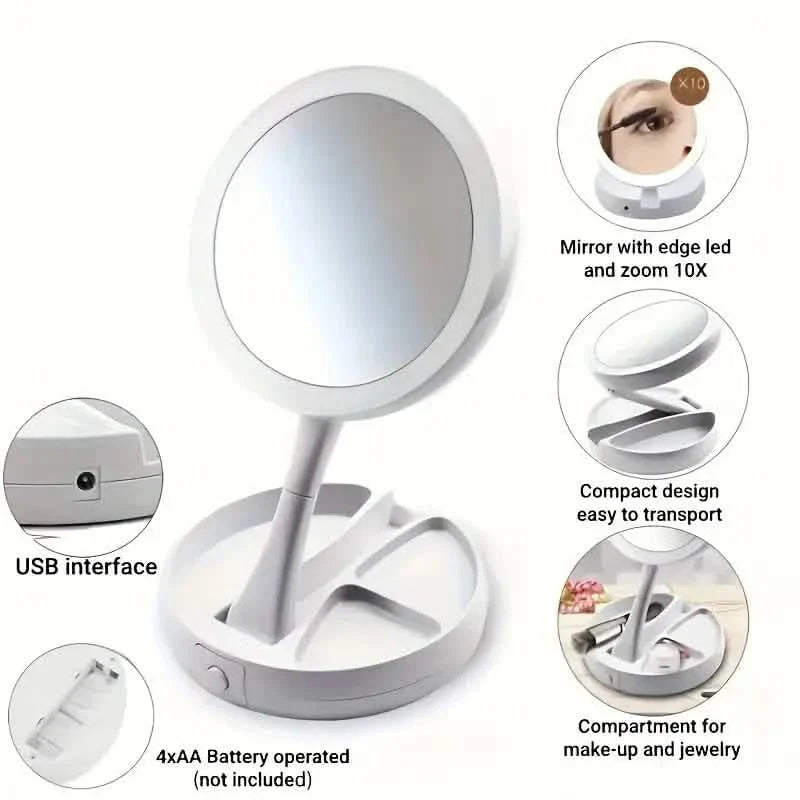 Foldable LED Vanity Mirror With Storage Box, Double-sided 1X & 10X Magnifying Retractable Mirror by DailySale