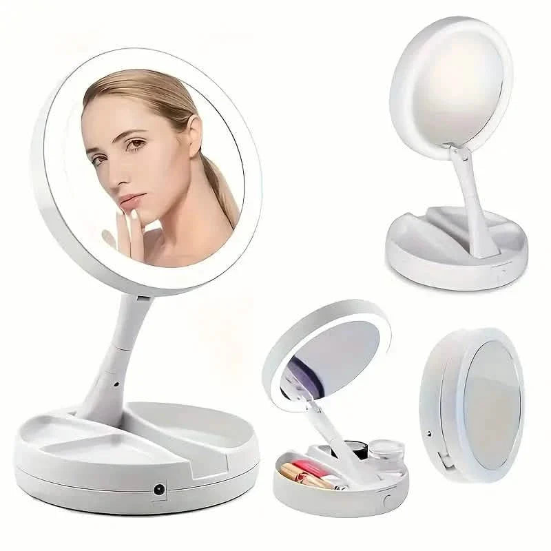 Foldable LED Vanity Mirror With Storage Box, Double-sided 1X & 10X Magnifying Retractable Mirror by DailySale