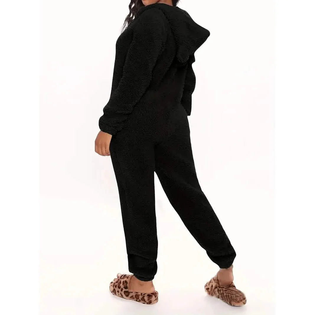 Fuzzy Hooded Pajama Jumpsuit For Music Festival, Long Sleeve Zipper Lingerie & Sleepwear by DailySale