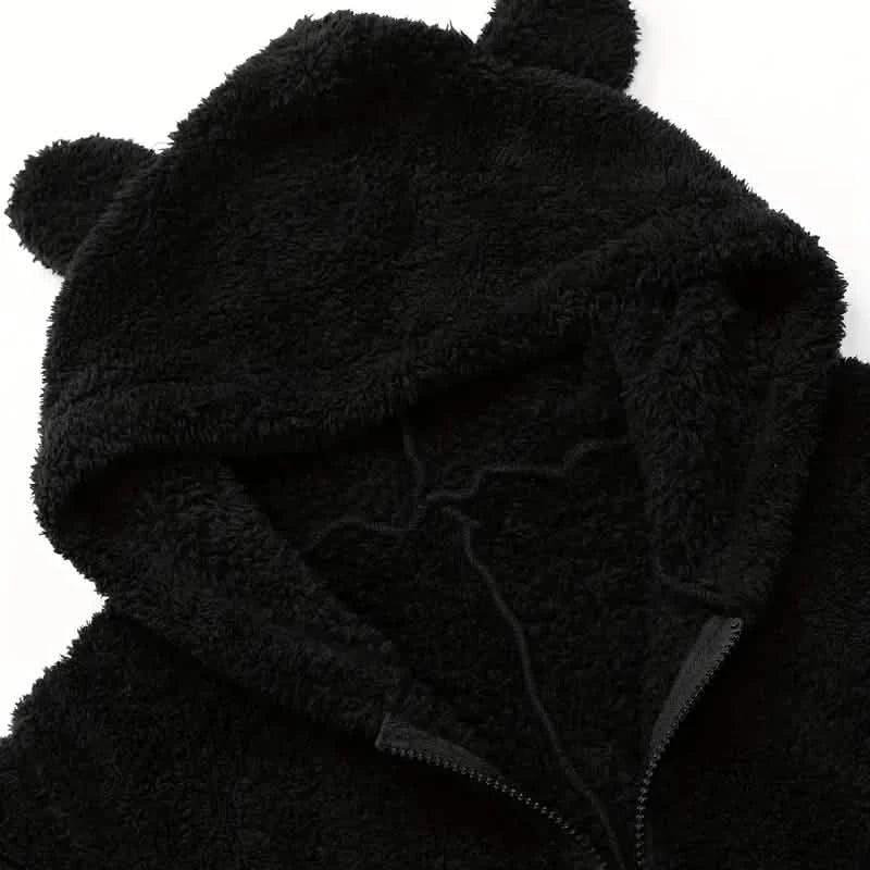 Fuzzy Hooded Pajama Jumpsuit For Music Festival, Long Sleeve Zipper Lingerie & Sleepwear by DailySale